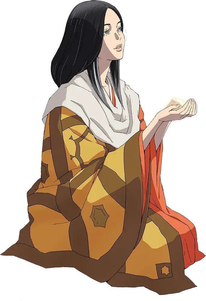The Divine Child, a long-haired girl in a white hood and an amber robe