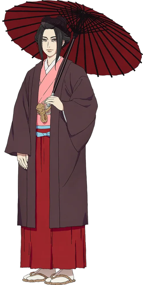 Emma in a dark kimono, holding a red paper parasol