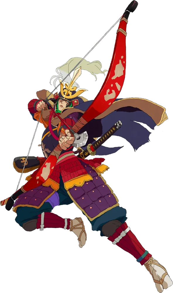 Genichiro in red and purple armour, leaping with a great bow