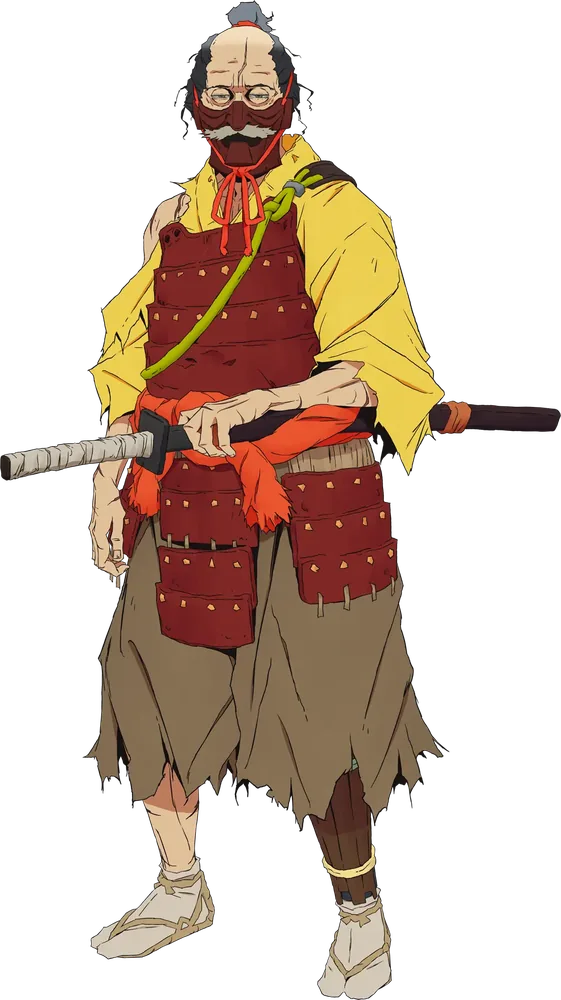 Hanbei in battered red armour and a face mask, a sword at his hip