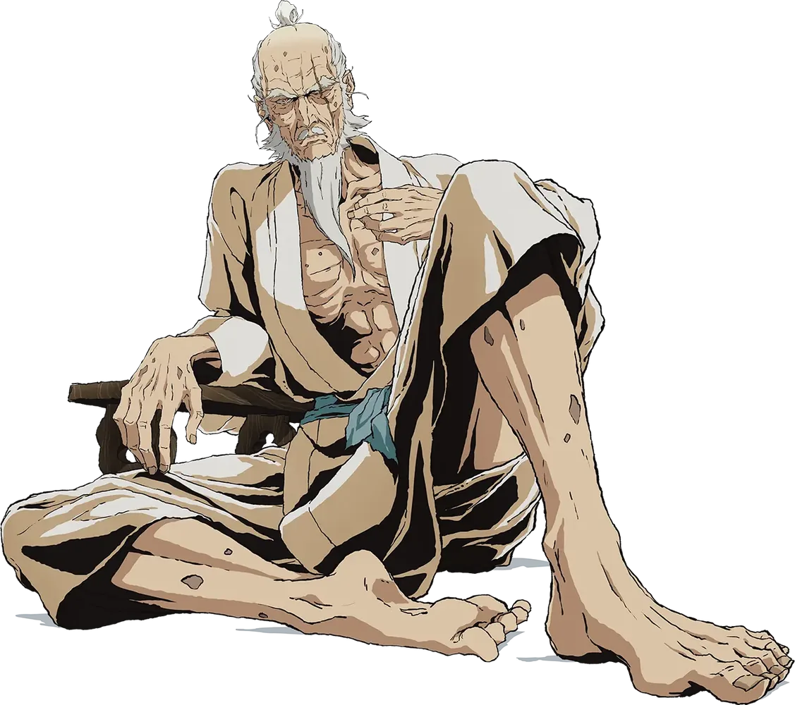 Isshin, an aged swordsman in a pale robe, seated and leaning on an armrest