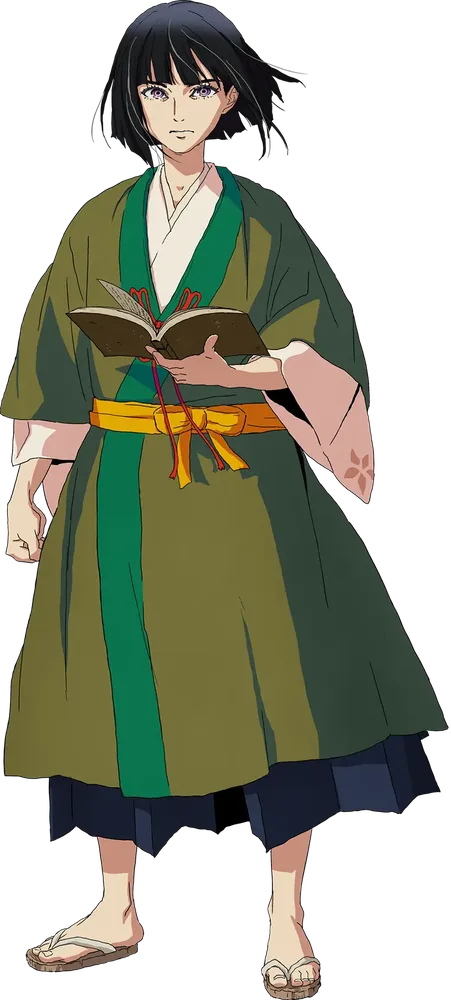 Kuro, a young lord in a green kimono, holding an open book