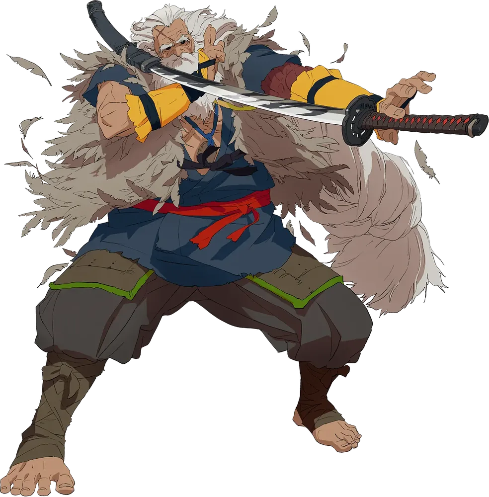 Owl, a huge white-haired shinobi in a fur mantle, drawing his sword