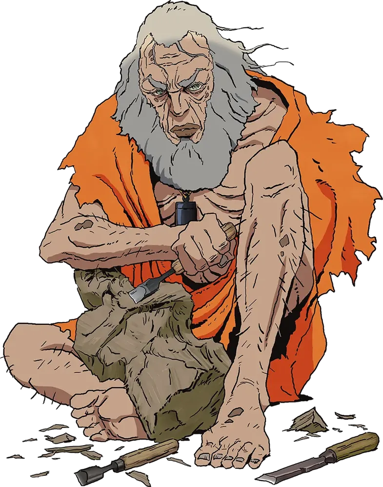 The Sculptor, a gaunt old man in an orange robe, carving wood with a chisel