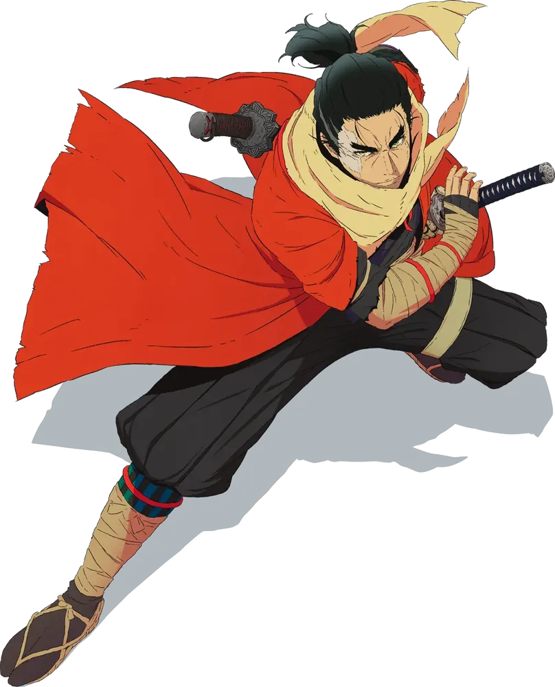 Wolf mid-leap in a red cloak and yellow scarf, drawing his sword