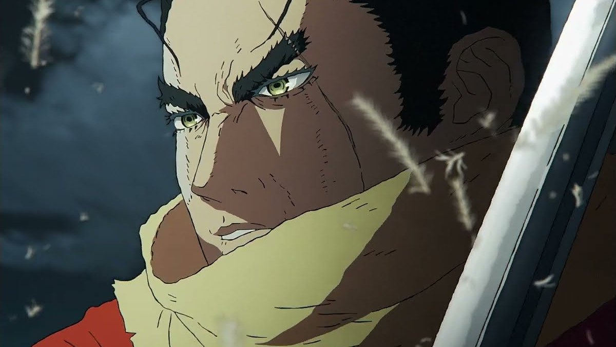 A warrior with a scarred cheek glaring past his blade as snow falls, a frame from Kadokawa's promotional video